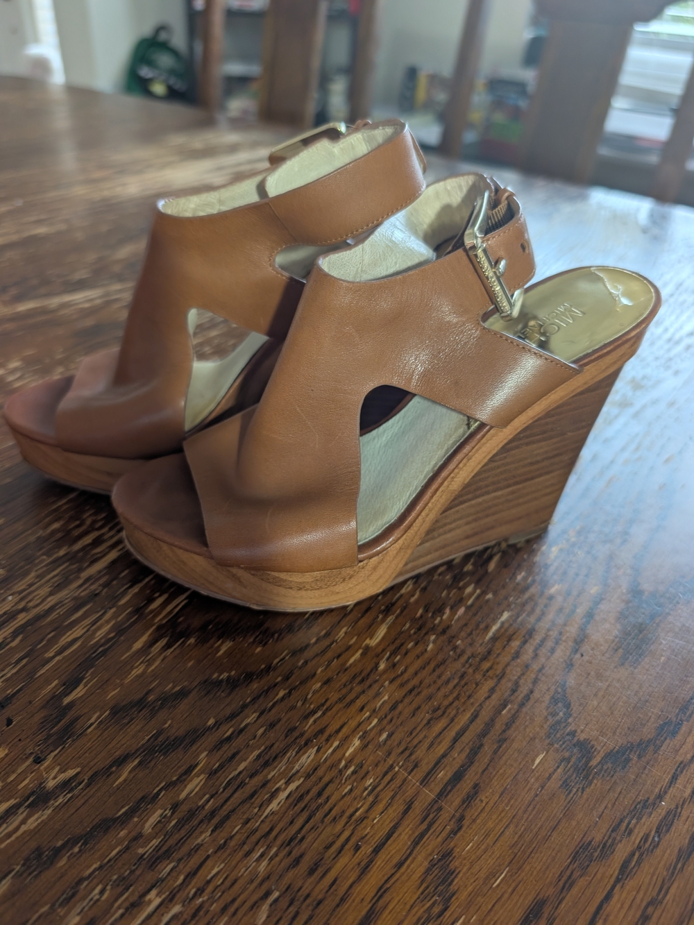 Michael Kors Cognac Leather Cutout Wedge Sandals with Gold Buckle